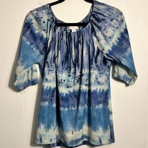 Chicos 3/4 Sleeve Blue Green Watercolor Tunic Blouse T44* 42725